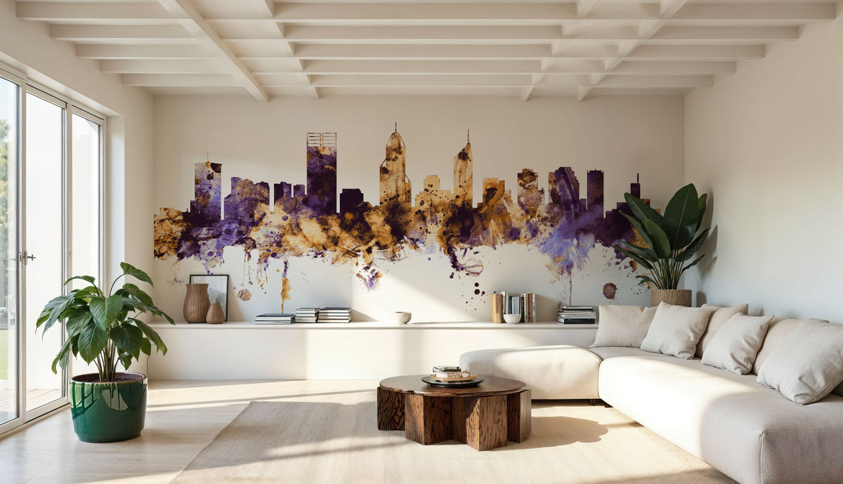 Perth Australia Skyline Purple & Gold Mural Wallpaper - room preview 05