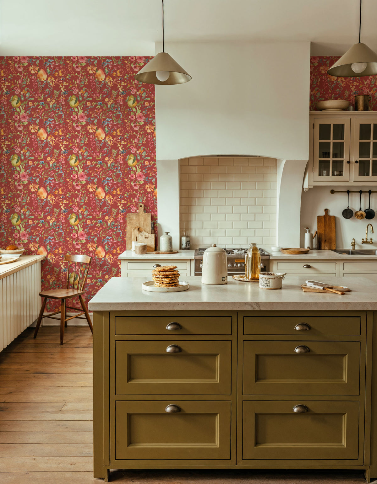 Time to Share Flowers and Pears Red Mural Wallpaper - room preview 05