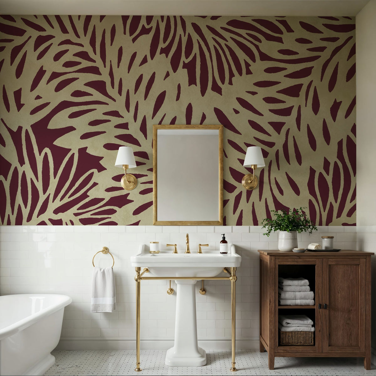 Leaf Wave Claret Mural Wallpaper - room preview 05