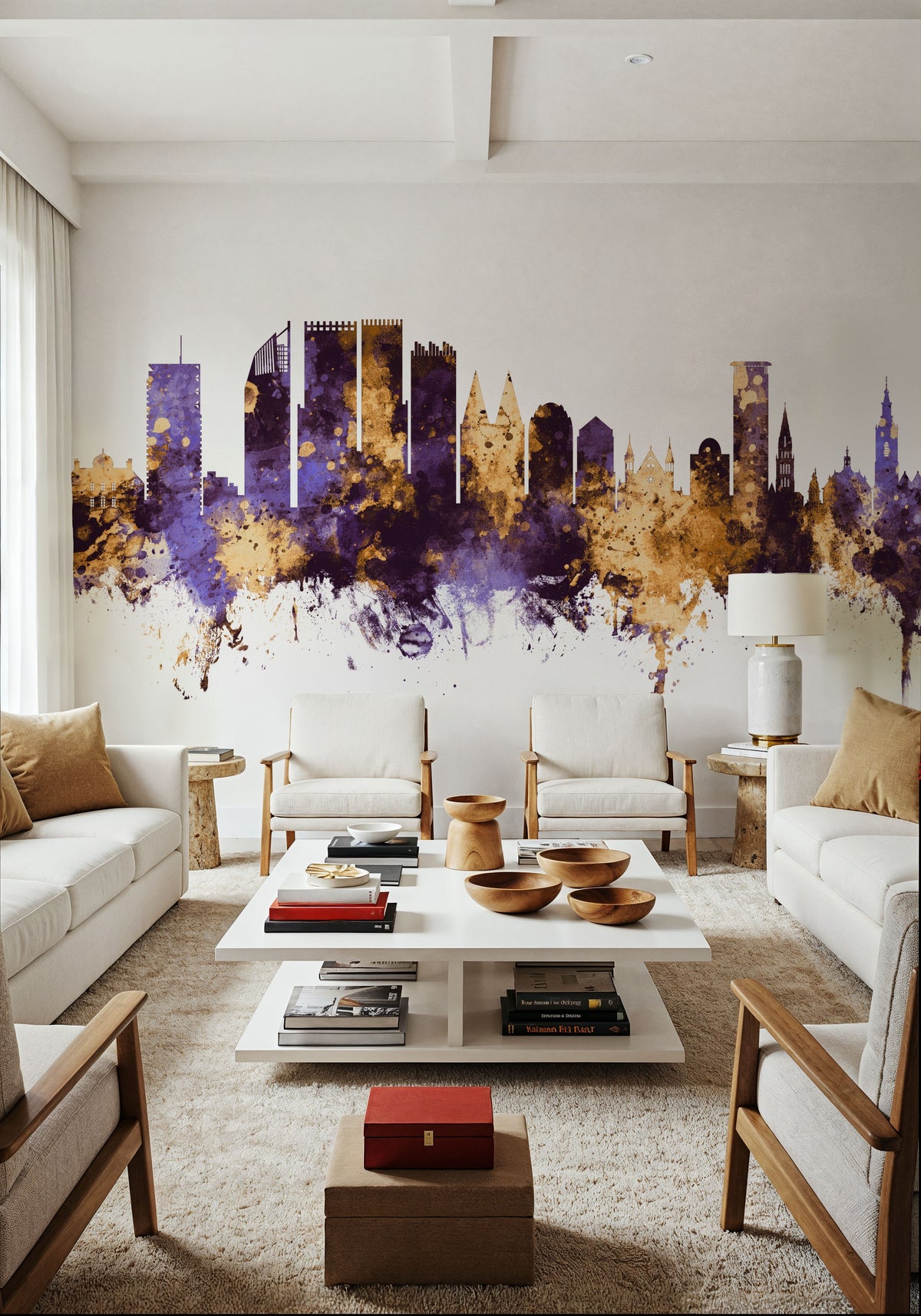 The Hauge Netherlands Skyline Purple & Gold Mural Wallpaper - room preview 05