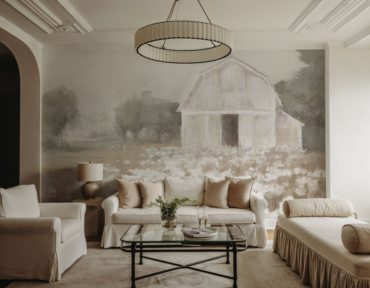White Barn Meadow Neutral Mural Wallpaper - room preview 05