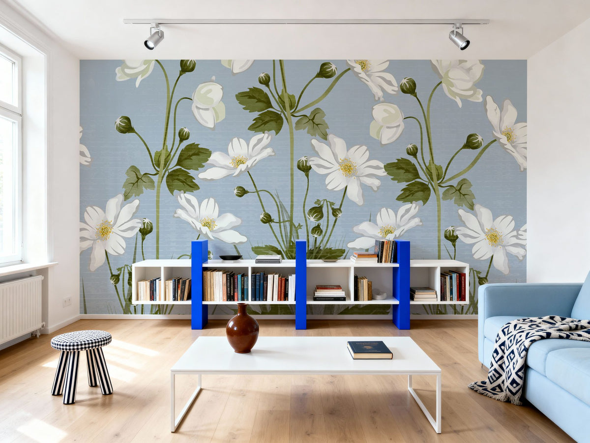 White Anemones, Sky Blue Mural Wallpaper - room preview 05