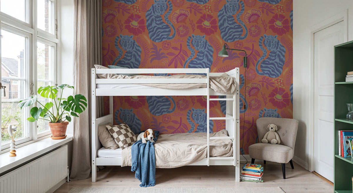 Painterly Tigers Orange Mural Wallpaper - room preview 05