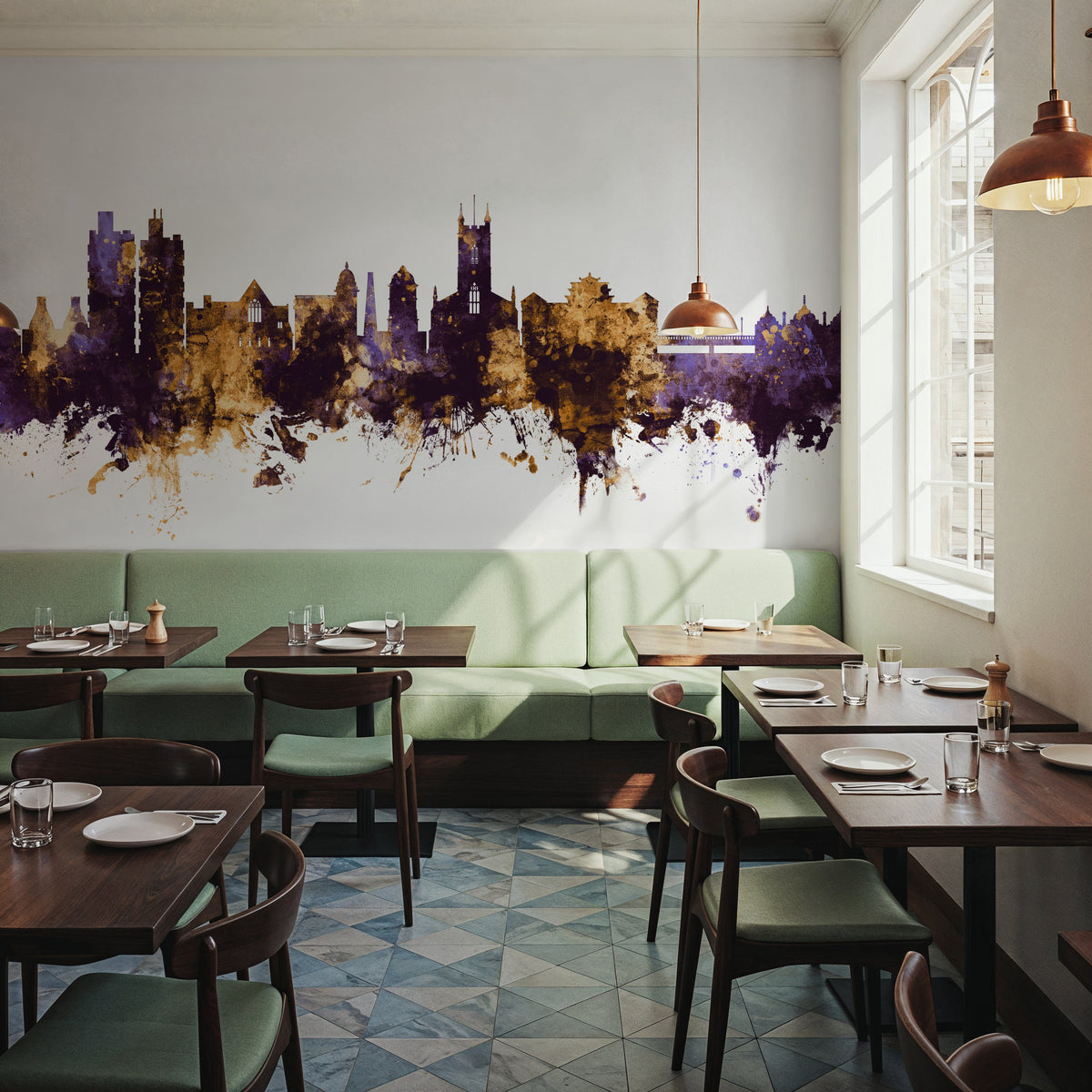 Stoke-on-Trent Skyline Purple & Gold Mural Wallpaper - room preview 05