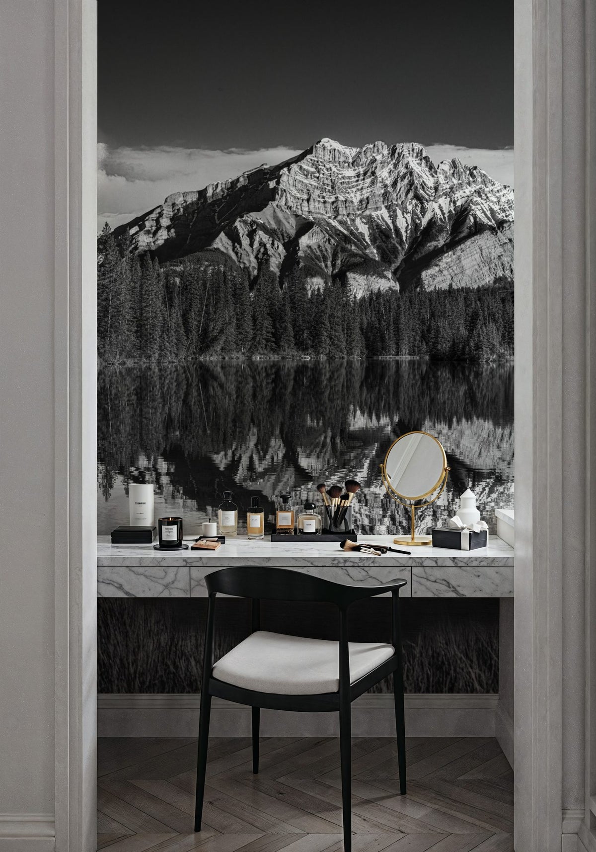 Cascade Mountain Reflection BW Mural Wallpaper - room preview 05