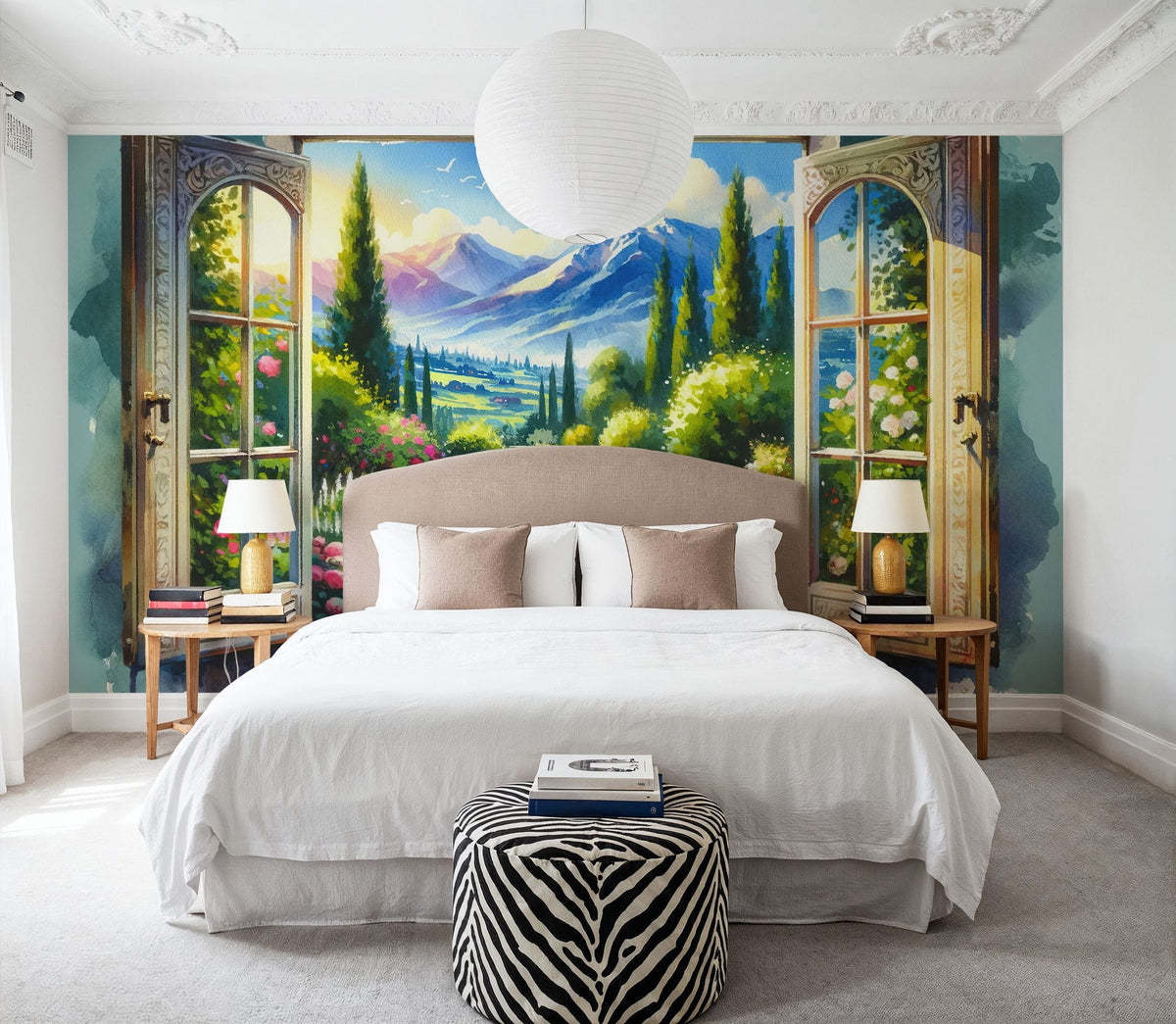 Mountain View Through Open Window Mural Wallpaper - room preview 05