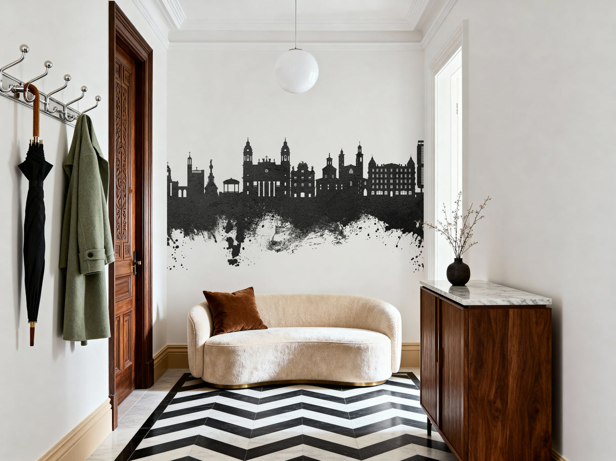 Pamplona Spain Skyline Black & White Mural Wallpaper - room preview 05