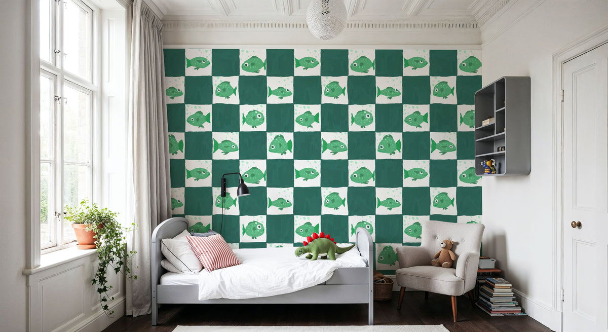 Fish Checkers, Green Mural Wallpaper - room preview 05