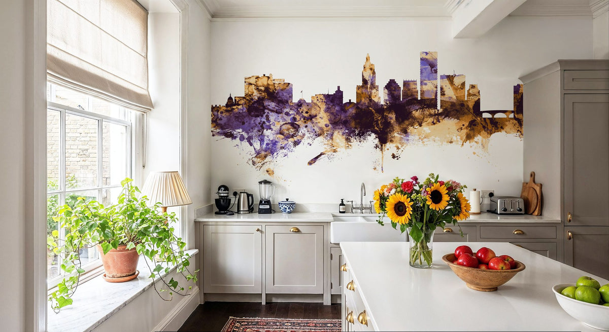 Providence Rhode Island Skyline Purple & Gold Mural Wallpaper - room preview 05