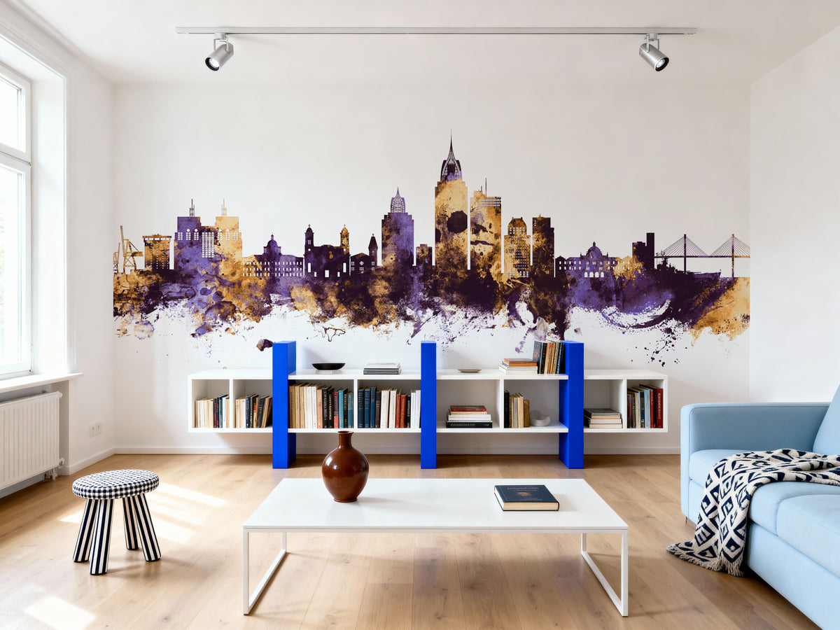Mobile Alabama Skyline Purple & Gold Mural Wallpaper - room preview 05