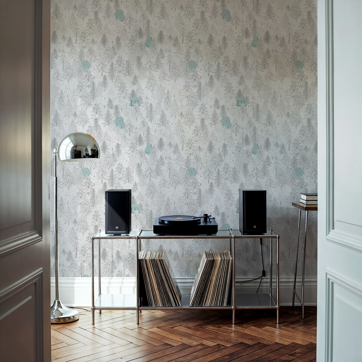 Forest Cabins, Grey Mural Wallpaper - room preview 05