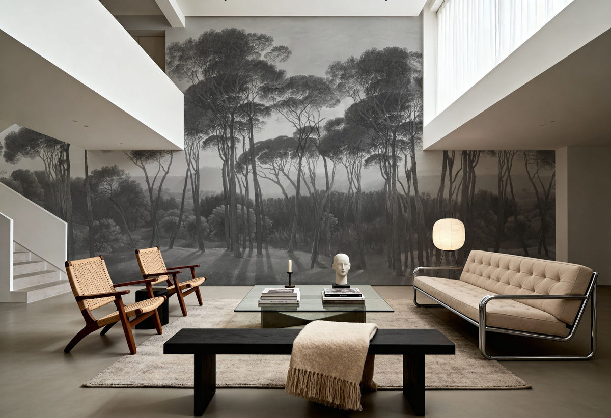 Mediterranean Pine Landscape, Gray Mural Wallpaper - room preview 05