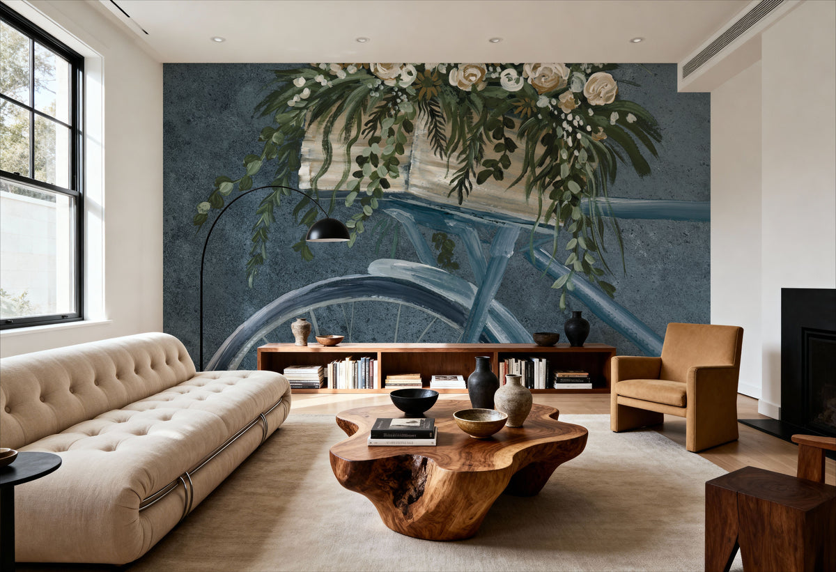 Vintage Bicycle with Florals Denim Mural Wallpaper - room preview 05