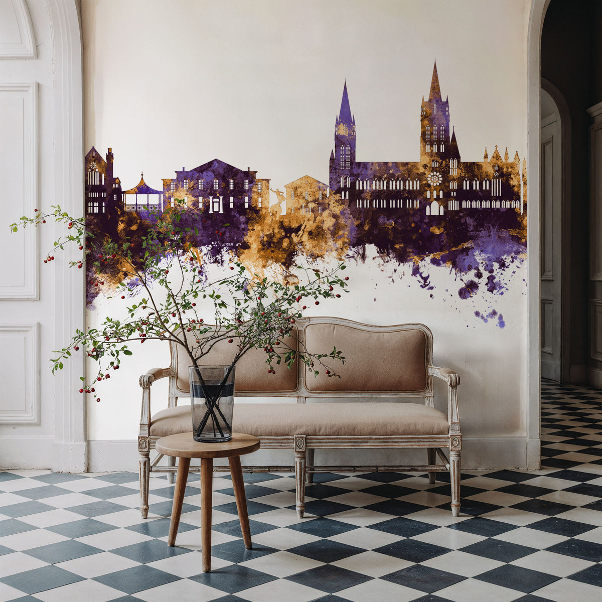 Truro England Skyline Purple & Gold Mural Wallpaper - room preview 05
