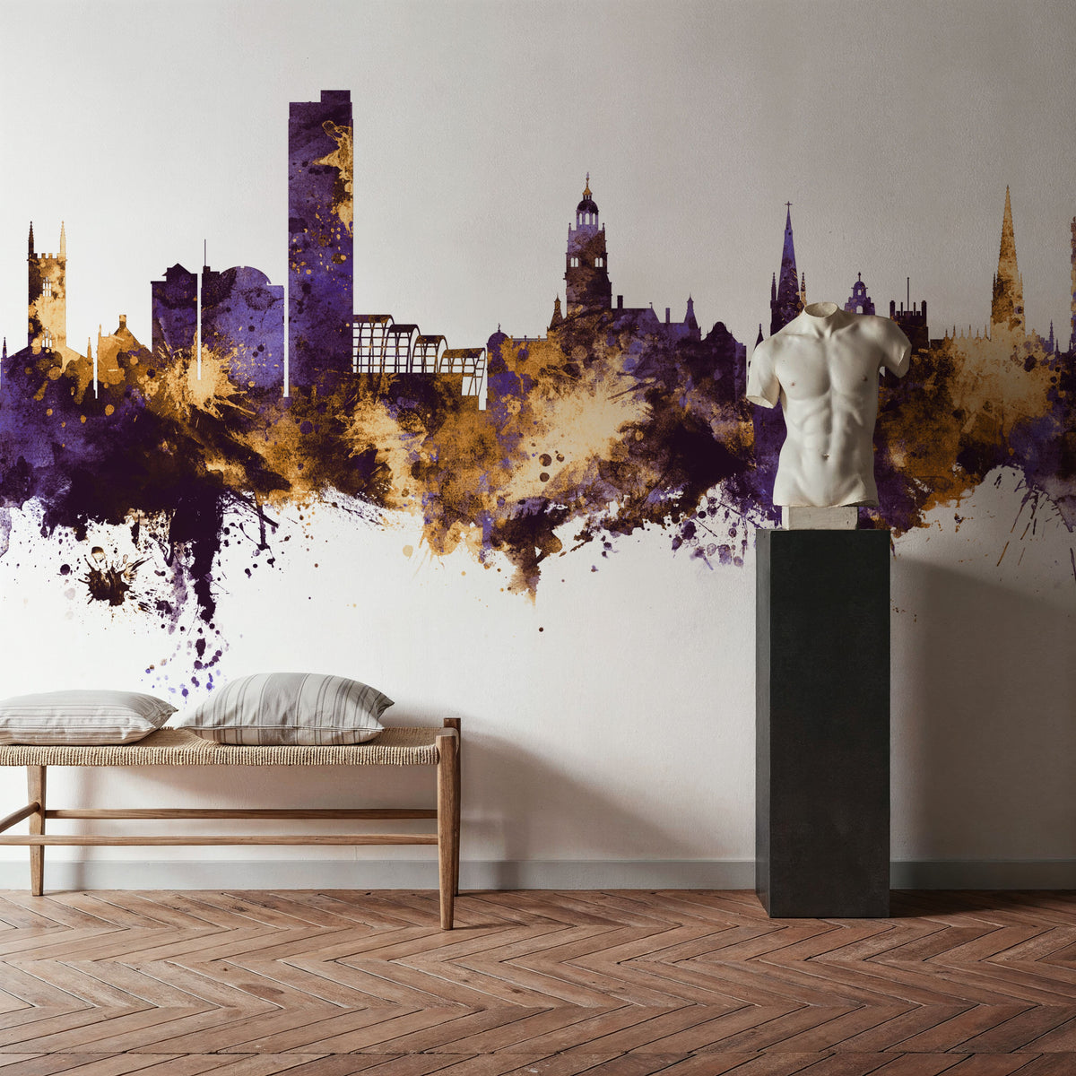 Sheffield England Skyline Purple & Gold Mural Wallpaper - room preview 05