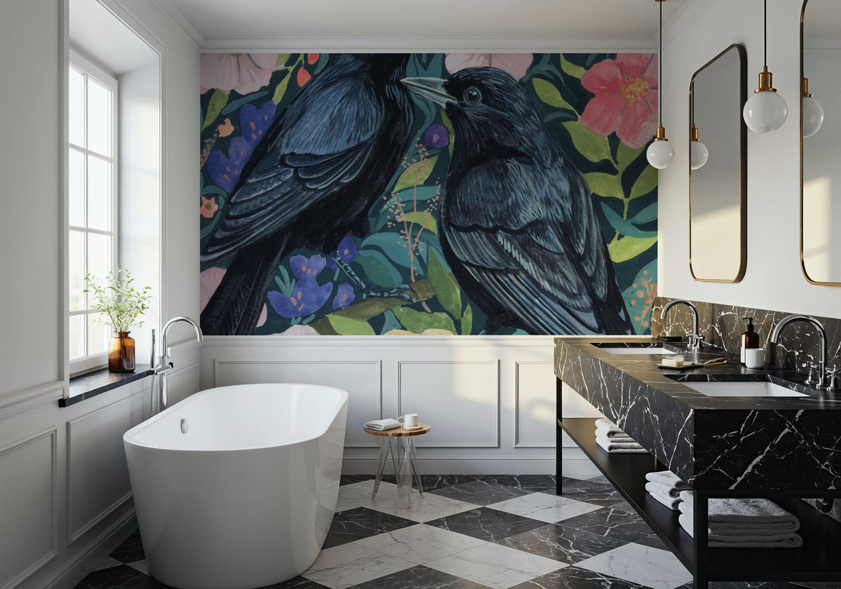 Two Crows on Flowers Mural Wallpaper - room preview 05