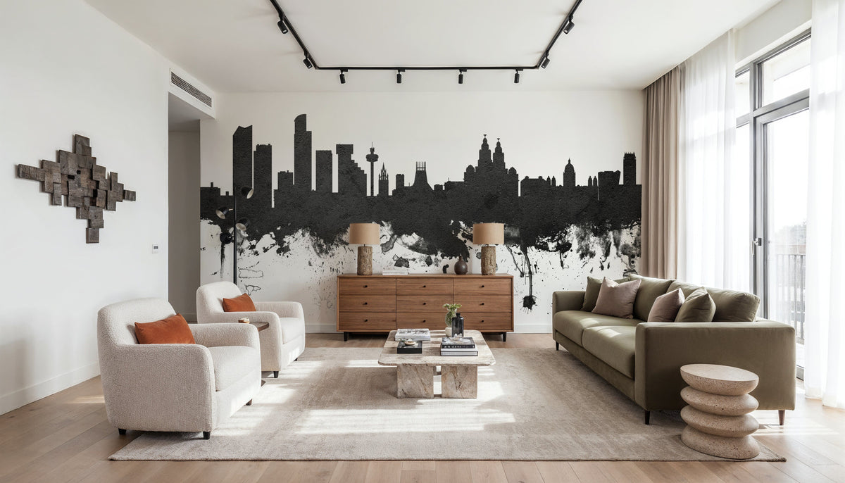 Liverpool England Skyline Black & White Mural Wallpaper - room preview 05