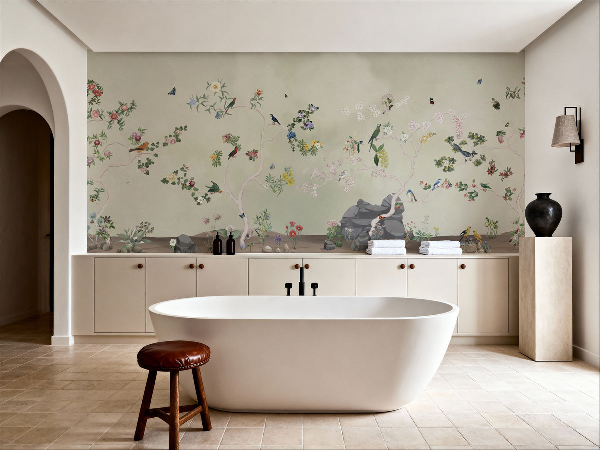 Birds in the Garden Green Mural Wallpaper - room preview 05