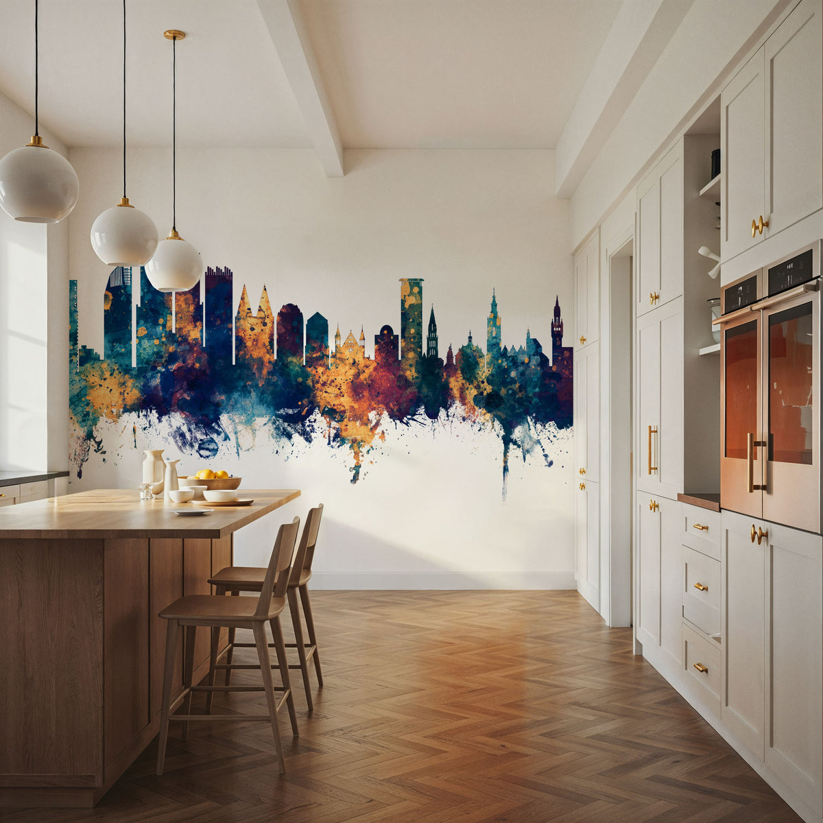 The Hauge Netherlands Skyline Blue & Bronze Mural Wallpaper - room preview 05
