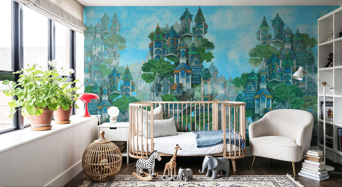 Treehouse Neighborhood Cool Bright Mural Wallpaper - room preview 05