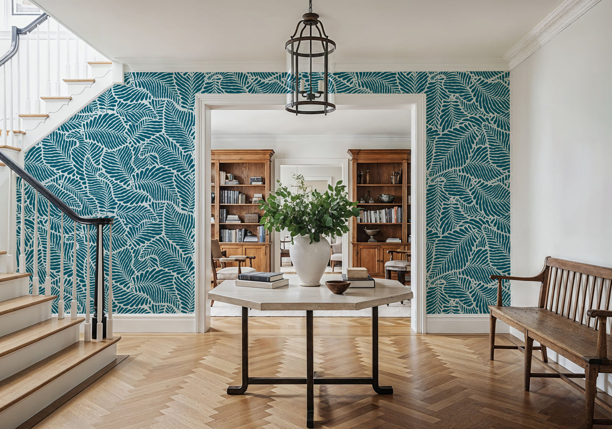 Fern Cut-Outs Pattern, Teal Mural Wallpaper - room preview 05