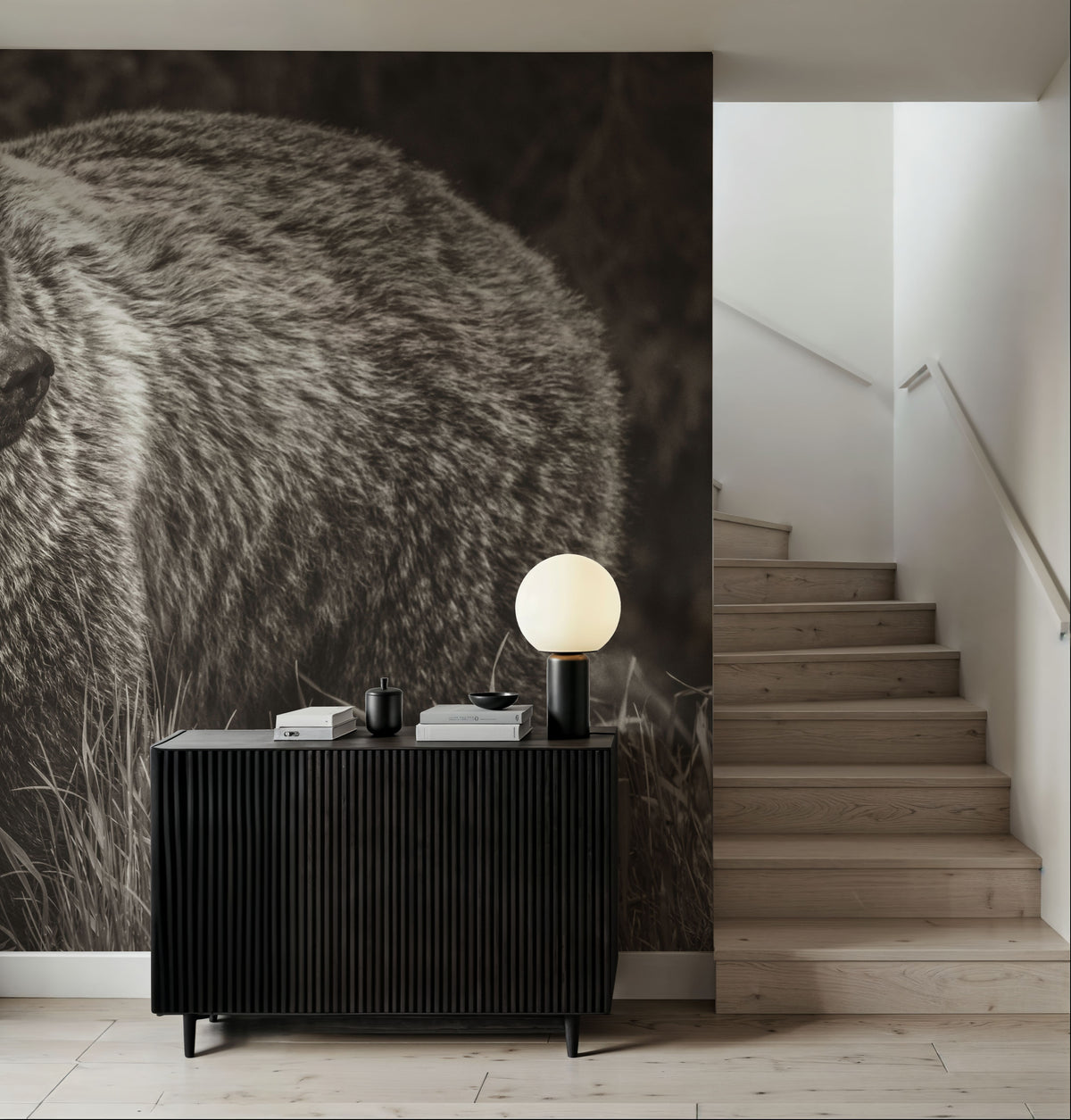 British Columbia Grizzly in a Field BW Mural Wallpaper - room preview 05