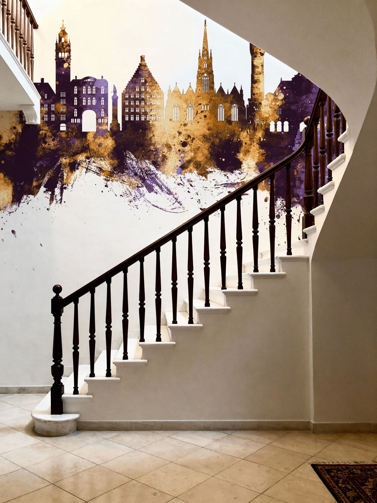 Lille France Skyline Purple & Gold Mural Wallpaper - room preview 05