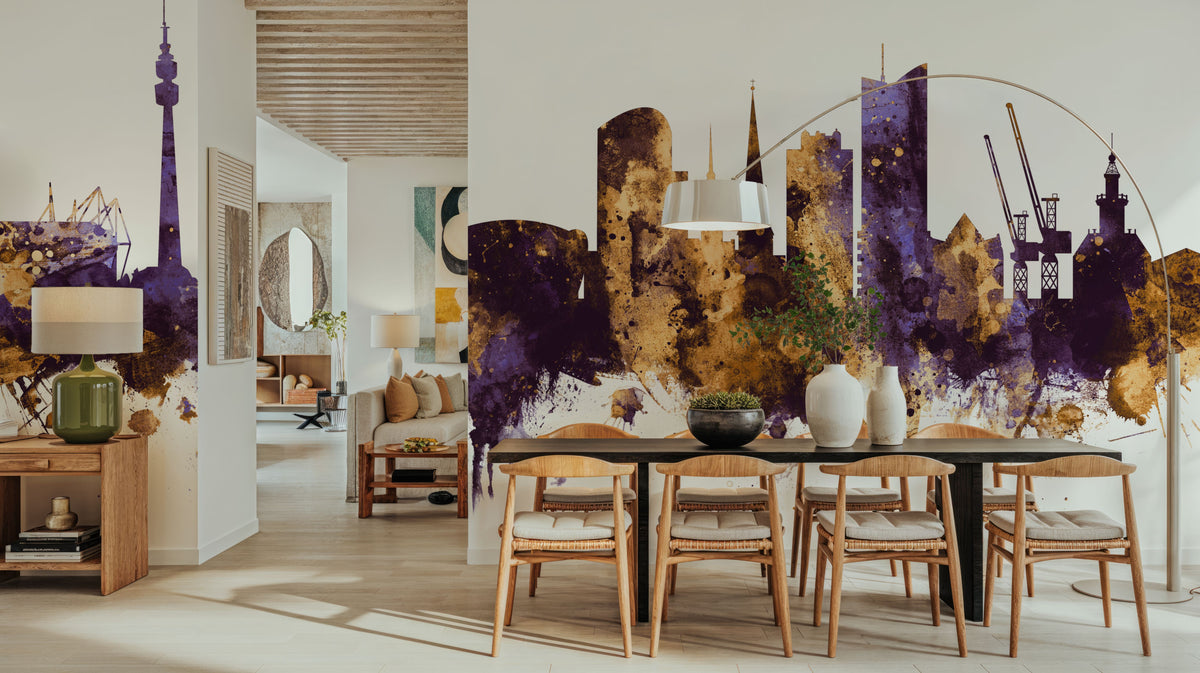 Dortmund Germany Skyline Purple & Gold Mural Wallpaper - room preview 05