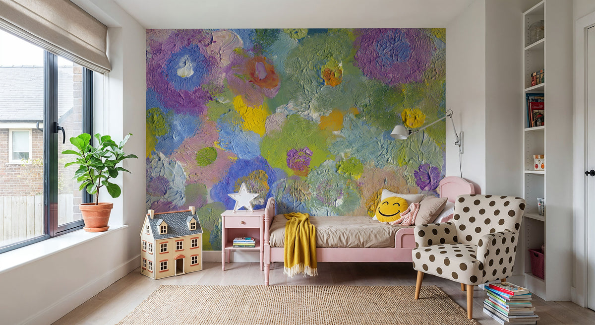 Happy Oil Painted Flowers, Blue & Purple Mural Wallpaper - room preview 05