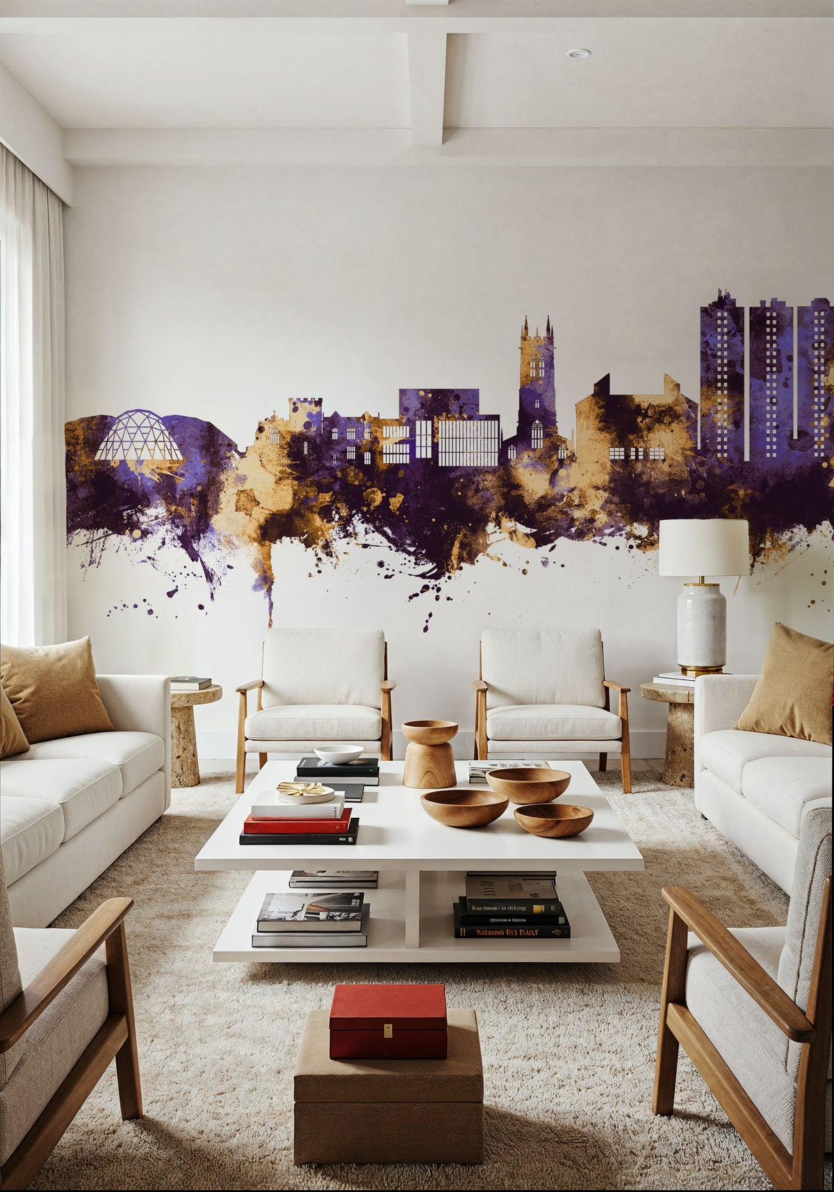 Scunthorpe England Skyline Purple & Gold Mural Wallpaper - room preview 05