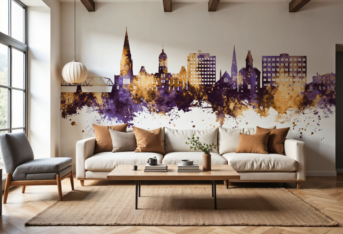 Fredericton Canada Skyline Purple & Gold Mural Wallpaper - room preview 05