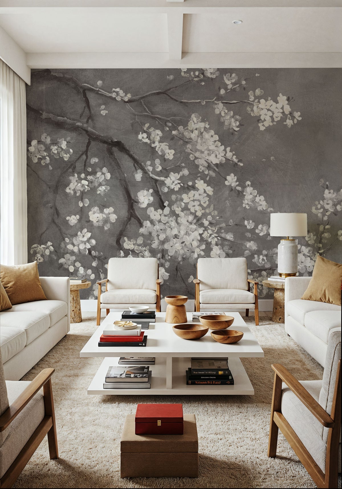 White Cherry Blossoms I on Grey Mural Wallpaper - room preview 05