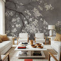 White Cherry Blossoms I on Grey Mural Wallpaper - room preview 05