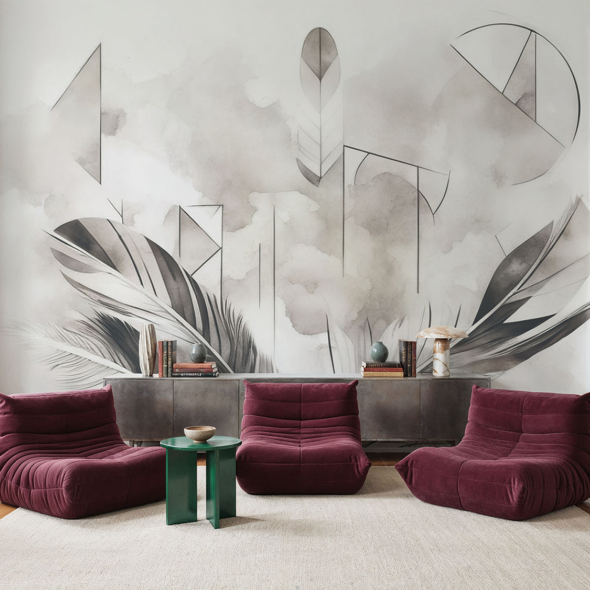 Feather Geometry Smoke Mural Wallpaper - room preview 05