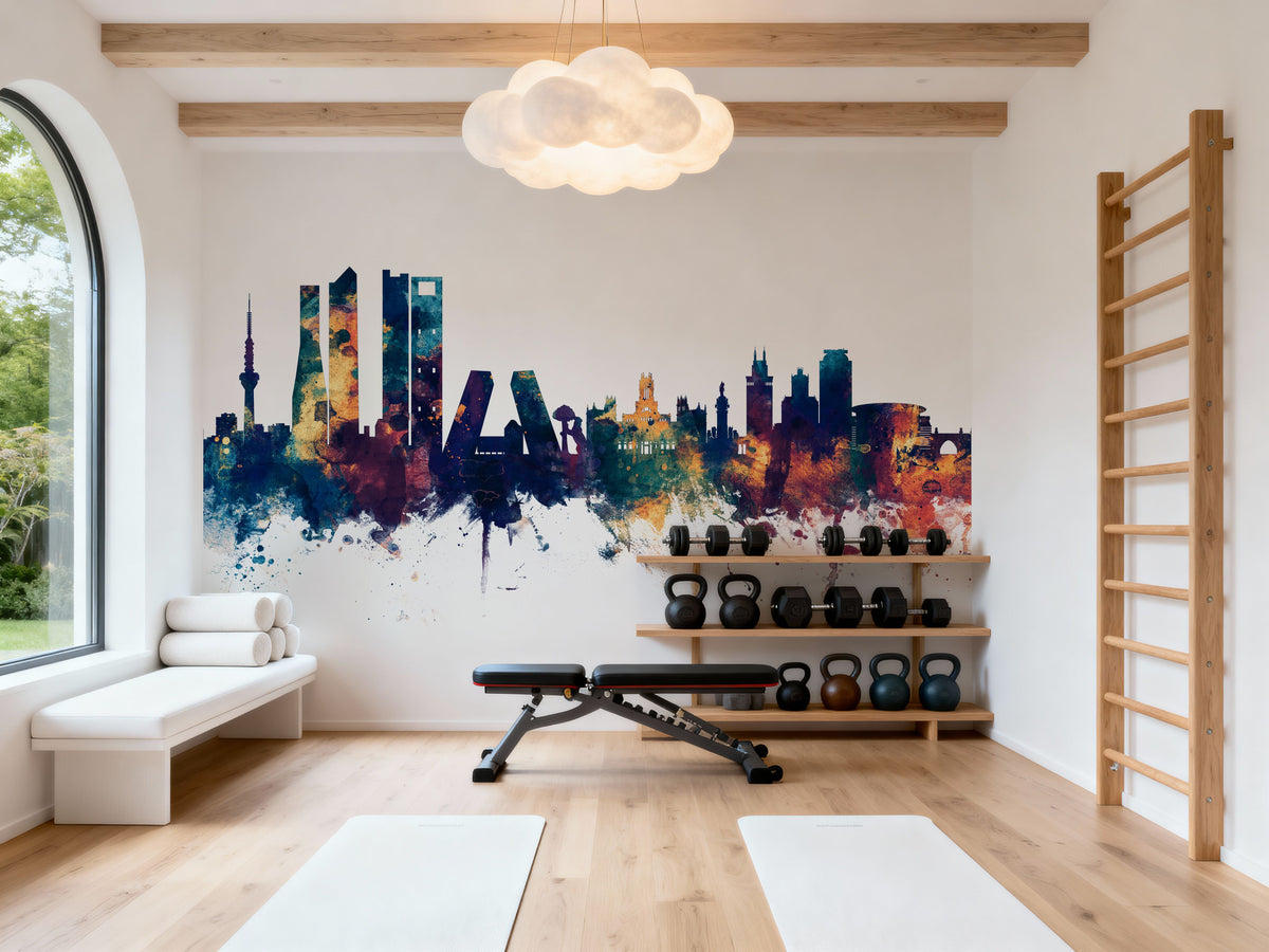Madrid Skyline Blue & Bronze Mural Wallpaper - room preview 05