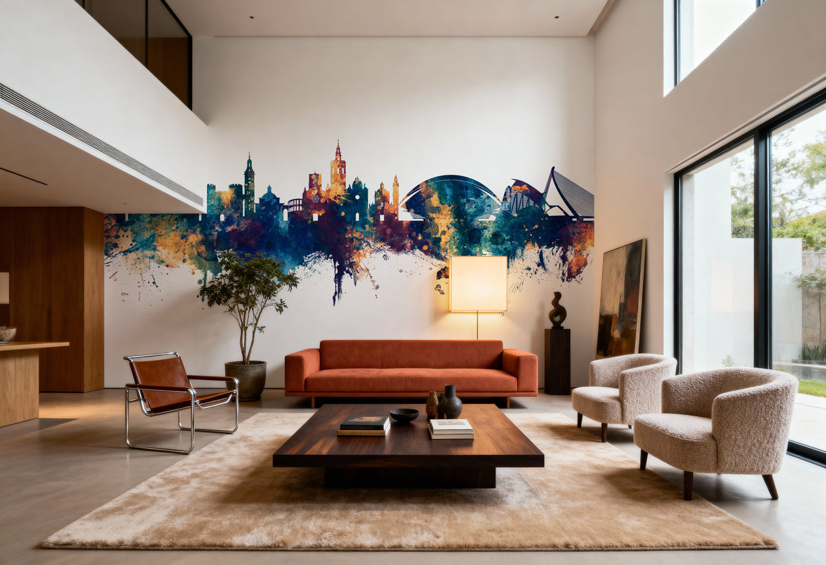 Valencia Spain Skyline Blue & Bronze Mural Wallpaper - room preview 05