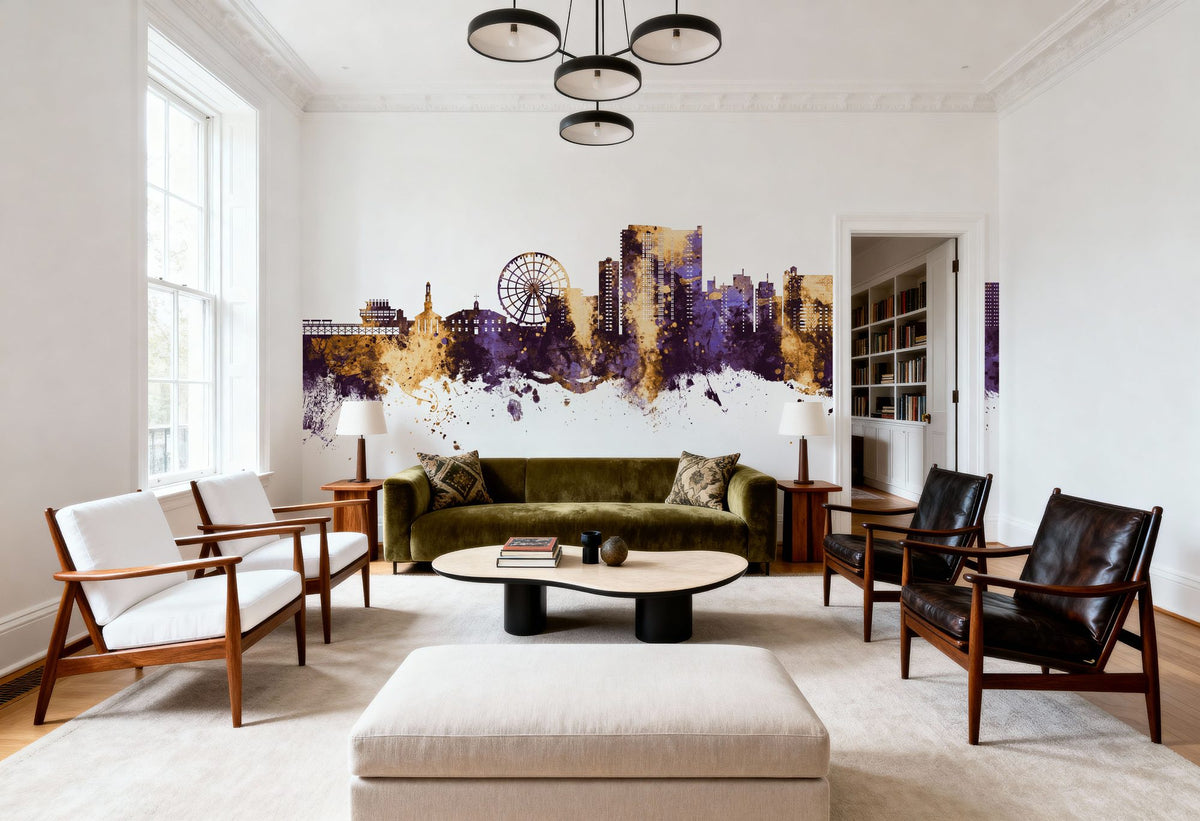 Myrtle Beach South Carolina Skyline Purple & Gold Mural Wallpaper - room preview 05