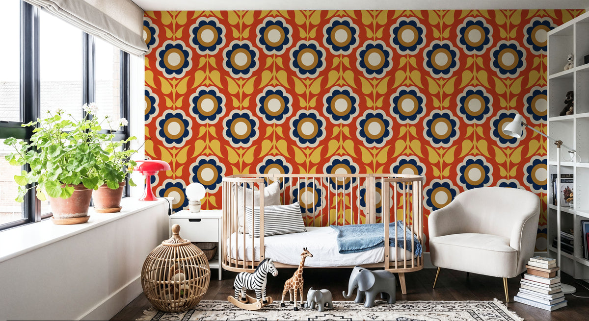 Retro Bold Blooms, Autumn Mural Wallpaper - room preview 05