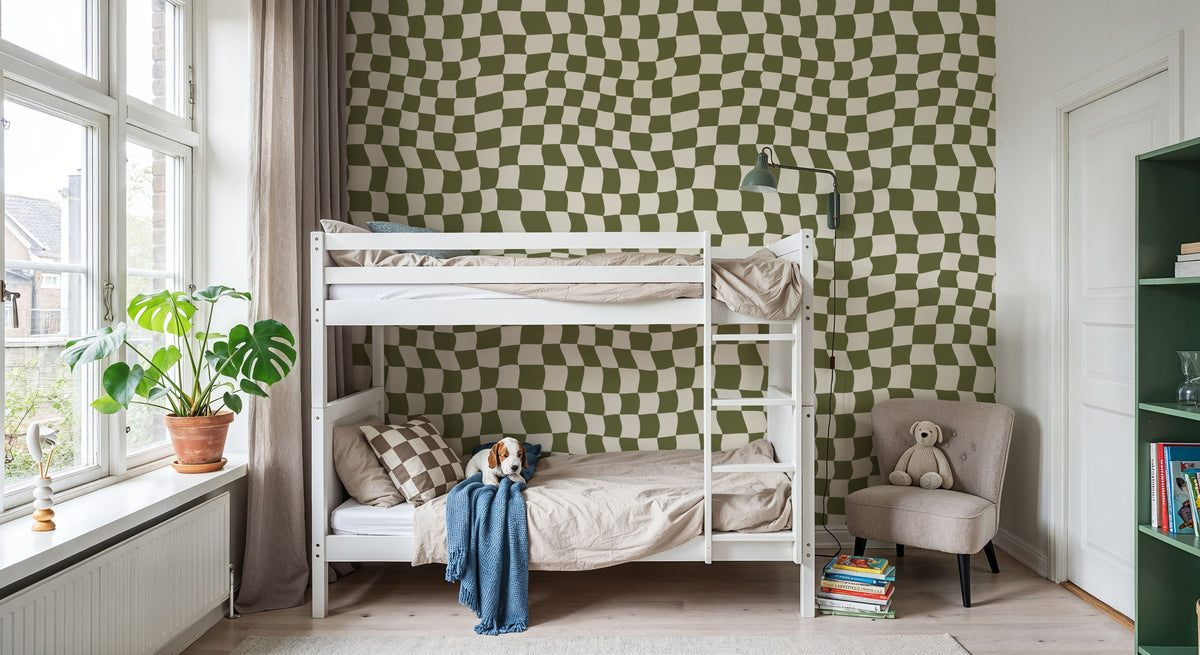 Warped Checkerboard, Olive Mural Wallpaper - room preview 05