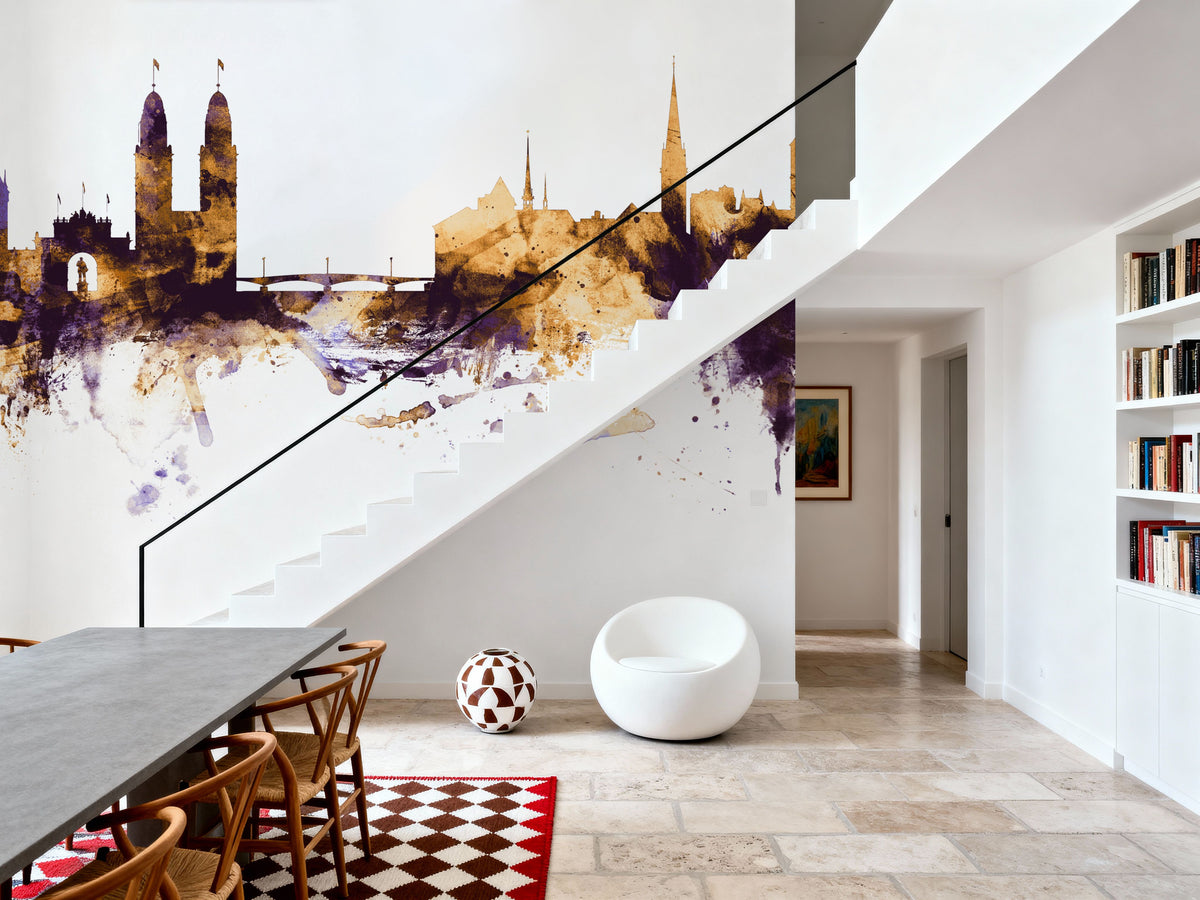 Zurich Switzerland Skyline Purple & Gold Mural Wallpaper - room preview 05