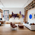 Raleigh North Carolina Skyline Purple & Gold Mural Wallpaper - room preview 05