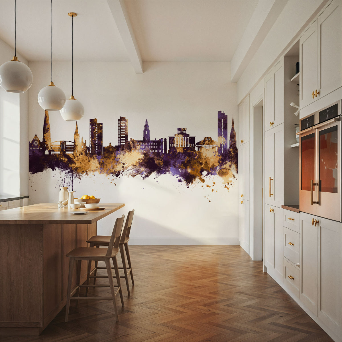Preston England Skyline Purple & Gold Mural Wallpaper - room preview 05