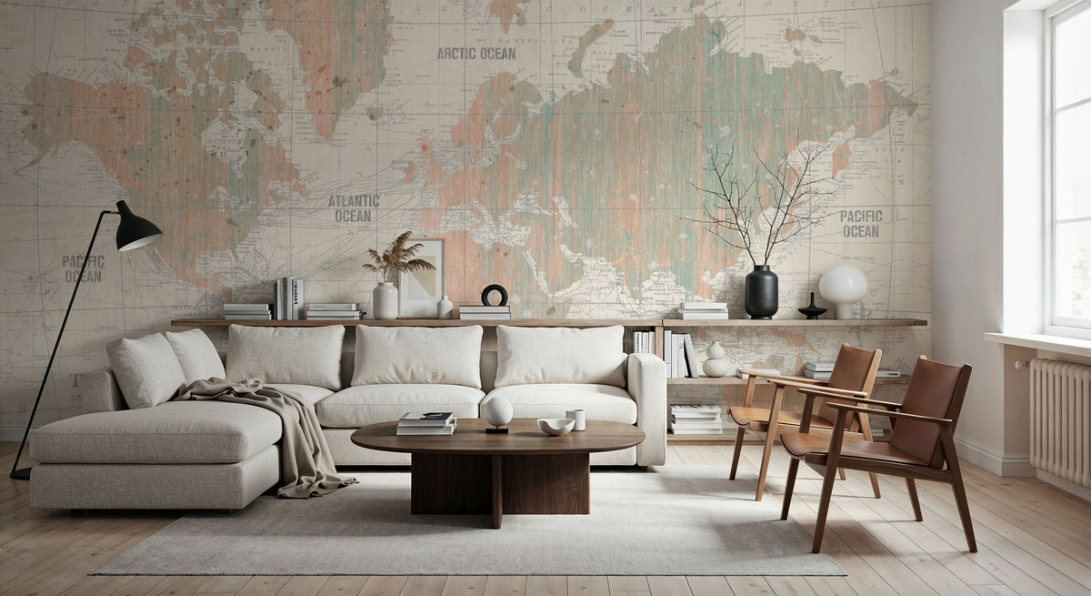 Old World Map Blush and Mint Mural Wallpaper - room preview 05