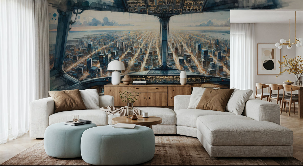 Cityscape From Airplane Cockpit Mural Wallpaper - room preview 05