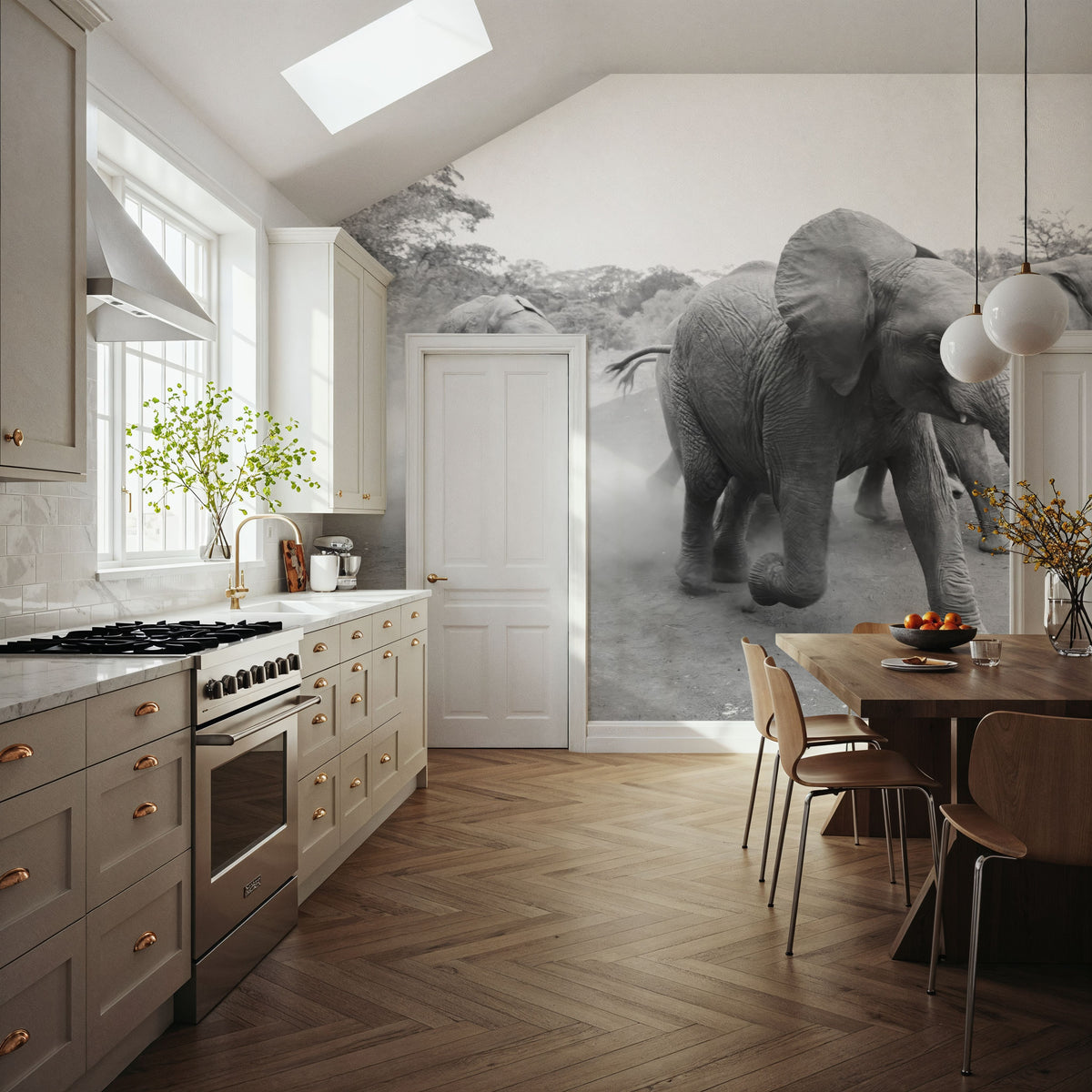 Elephant Race BW Mural Wallpaper - room preview 05