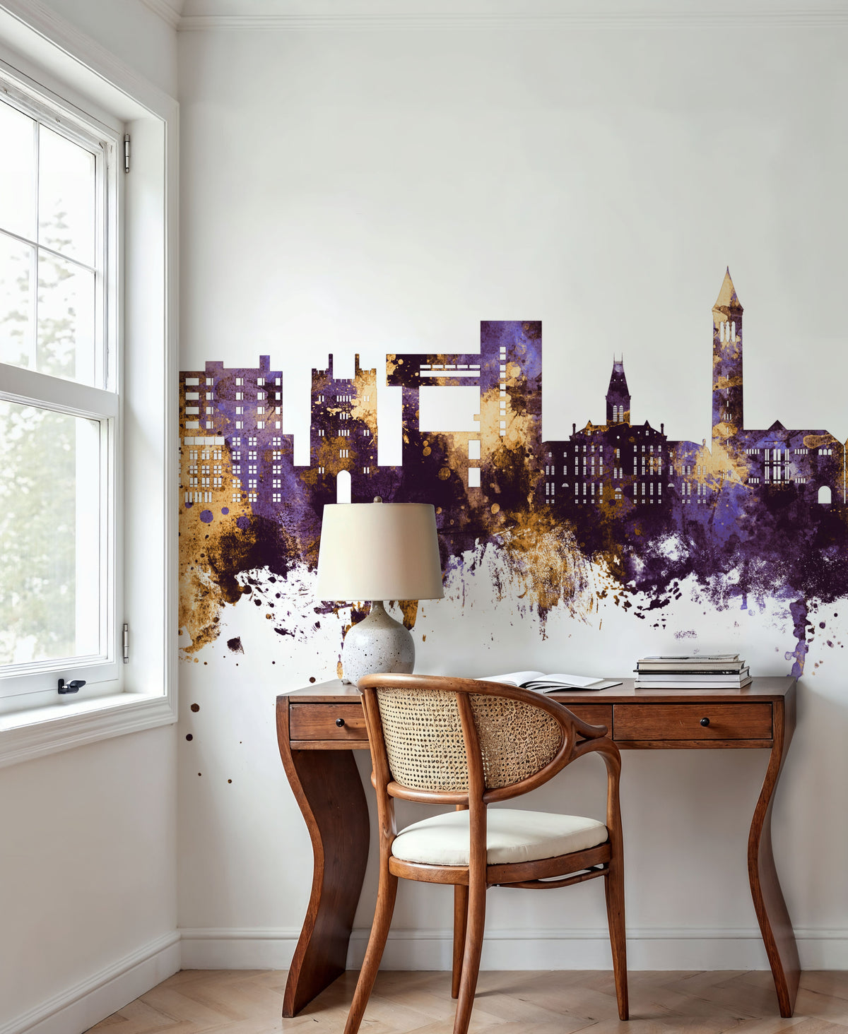 Ithaca New York Skyline Purple & Gold Mural Wallpaper - room preview 05
