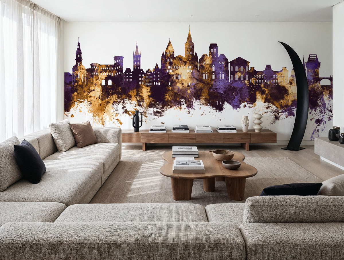 Trier Germany Skyline Purple & Gold Mural Wallpaper - room preview 05