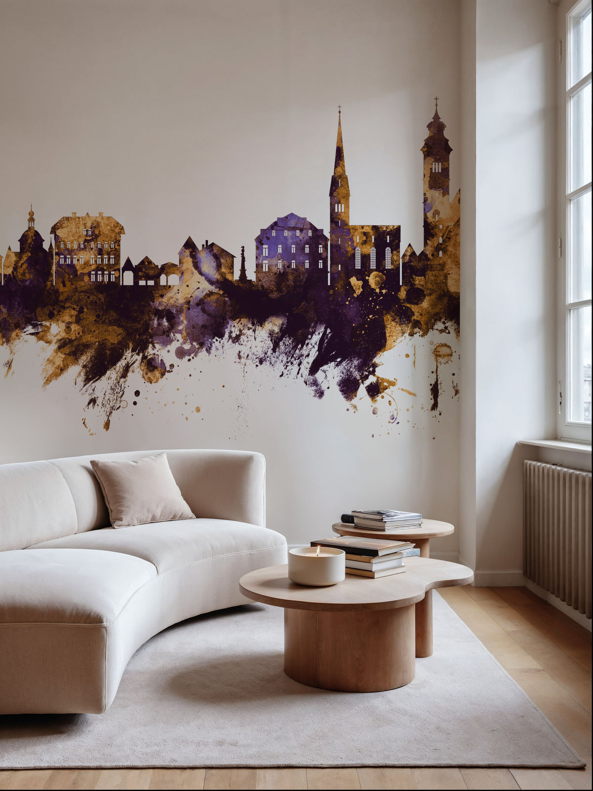 Hallstatt Austria Skyline Purple & Gold Mural Wallpaper - room preview 05