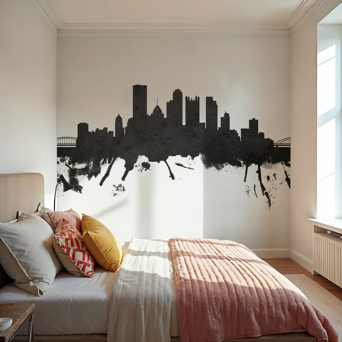 Pittsburg Pennsylvania Skyline Black & White Mural Wallpaper - room preview 05