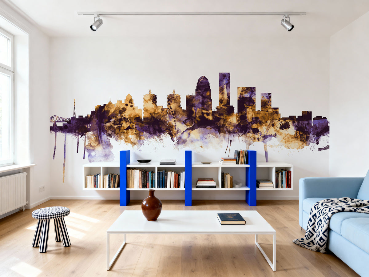 Louisville Kentucky Skyline Purple & Gold Mural Wallpaper - room preview 05